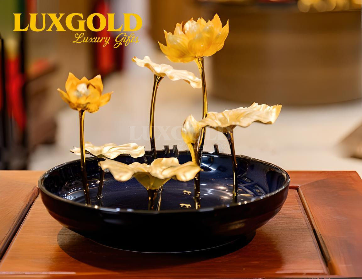 Đĩa sen tròn 7 nhánh dát vàng 24k 1-